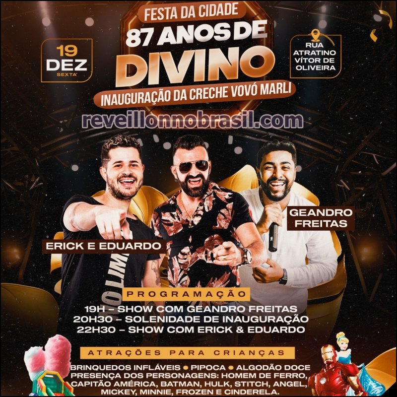 Aniversário de Divino em Minas Gerais : shows na virada de ano na Praça Genserico Nunes - reveillonnobrasil.com